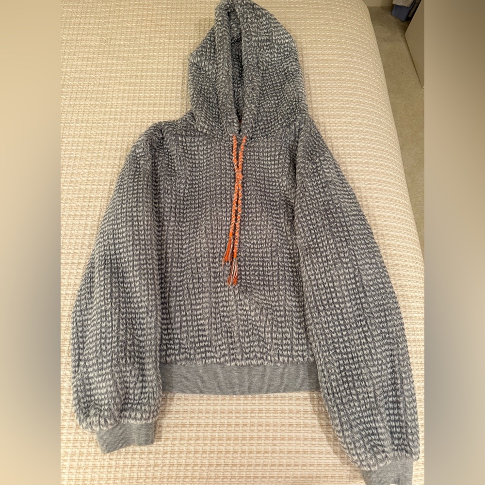 Gray Textured Hoodie with Pink Drawstrings